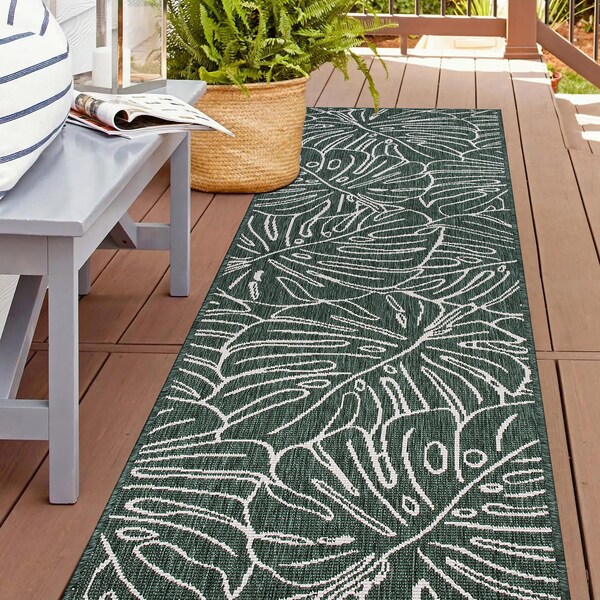 World Rug Gallery Contemporary Tropical Leaves Weather Resistant Indoor/Outdoor Runner Rug 2' x 7' Green 4031GREEN2X7 - main